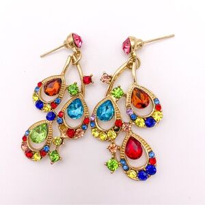 Rainbow Colored Gold Tone Chandelier Earrings